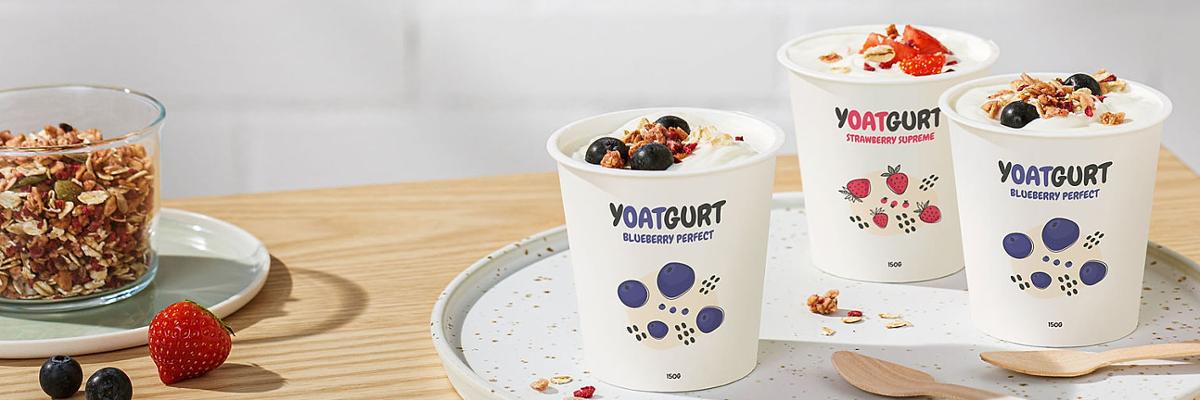 Yoghurt cups made from renewable materials.