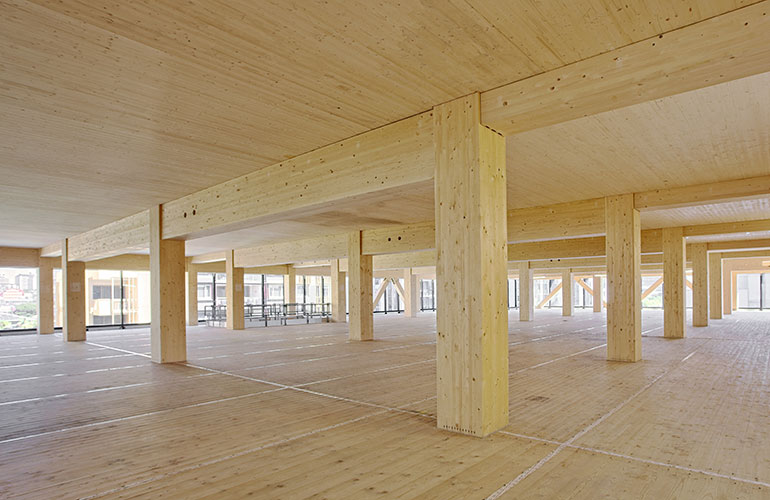 Inside the wooden office building that is under construction