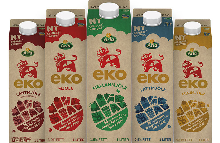Milk cartons from Arla with the new paperboard Natura Life by Stora Enso