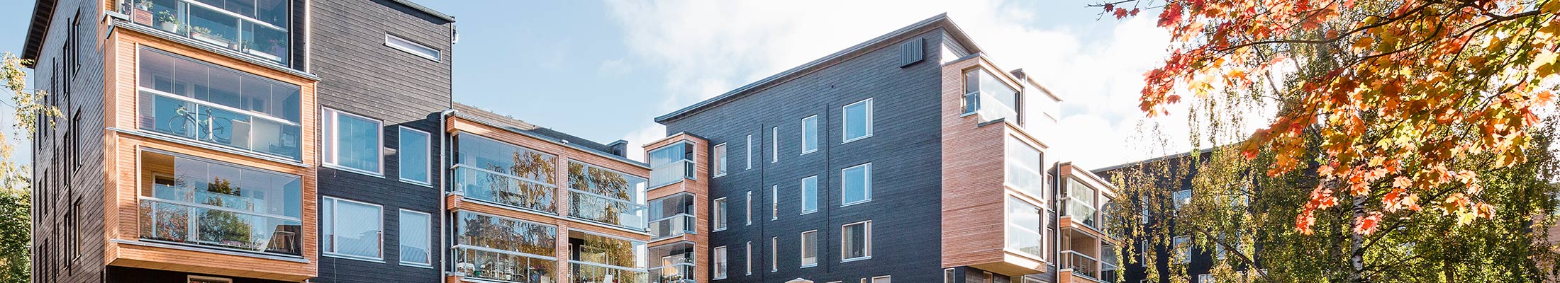 Wooden apartment building with playground