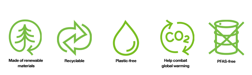 PureFiber™ par Stora Enso sont fabriqués à partir de matériaux renouvelables, recyclables, sans plastiques ni PFAS et contribuent à lutter contre le réchauffement climatique grâce à une empreinte carbone considérablement réduite par rapport à celle d’autres produits du marché