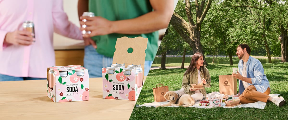 Beverage multipacks and a couple having a picnic